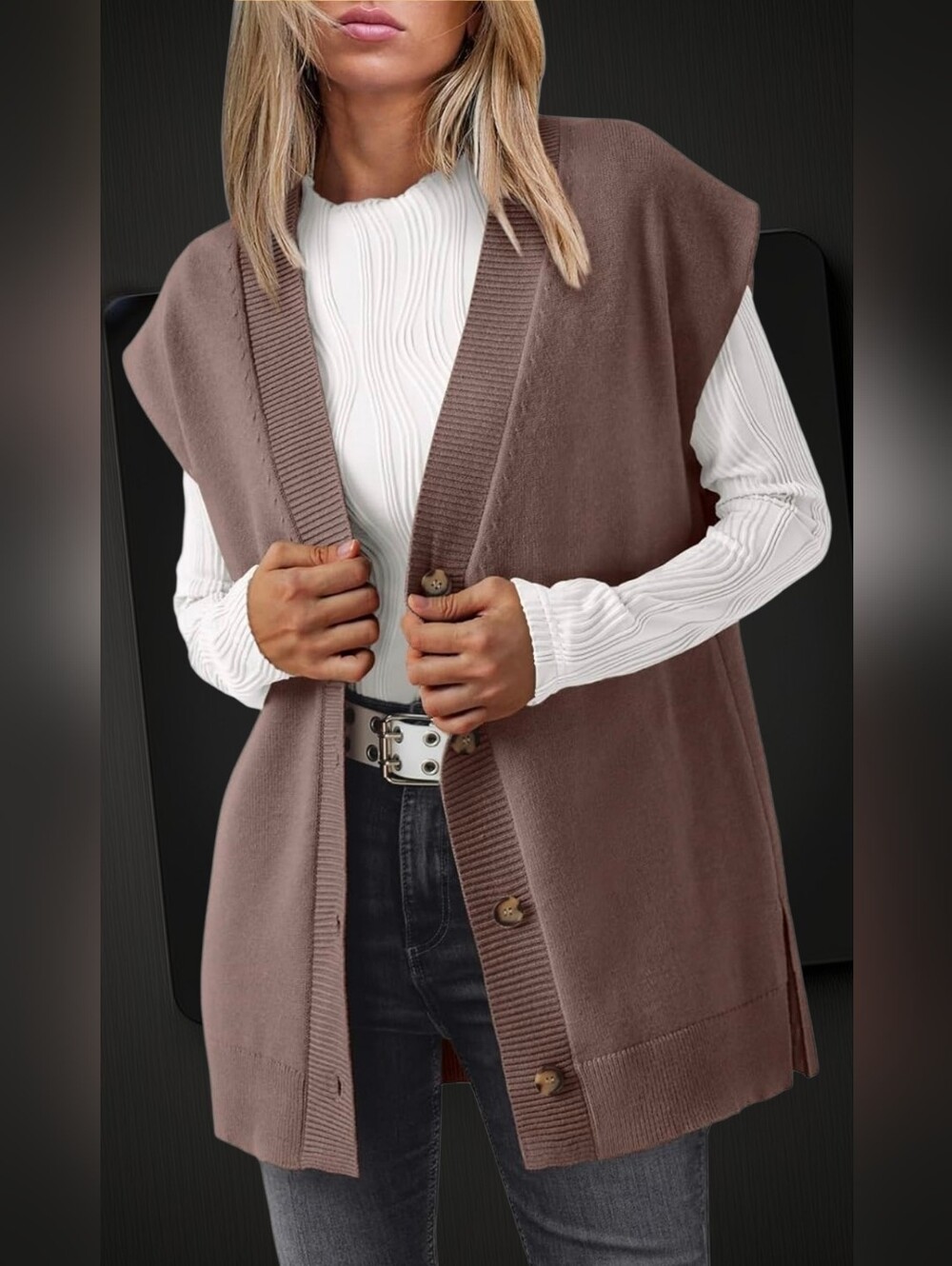 Cotton Button-Front Knit Vest ▪︎ Mocha ▪︎ LG
